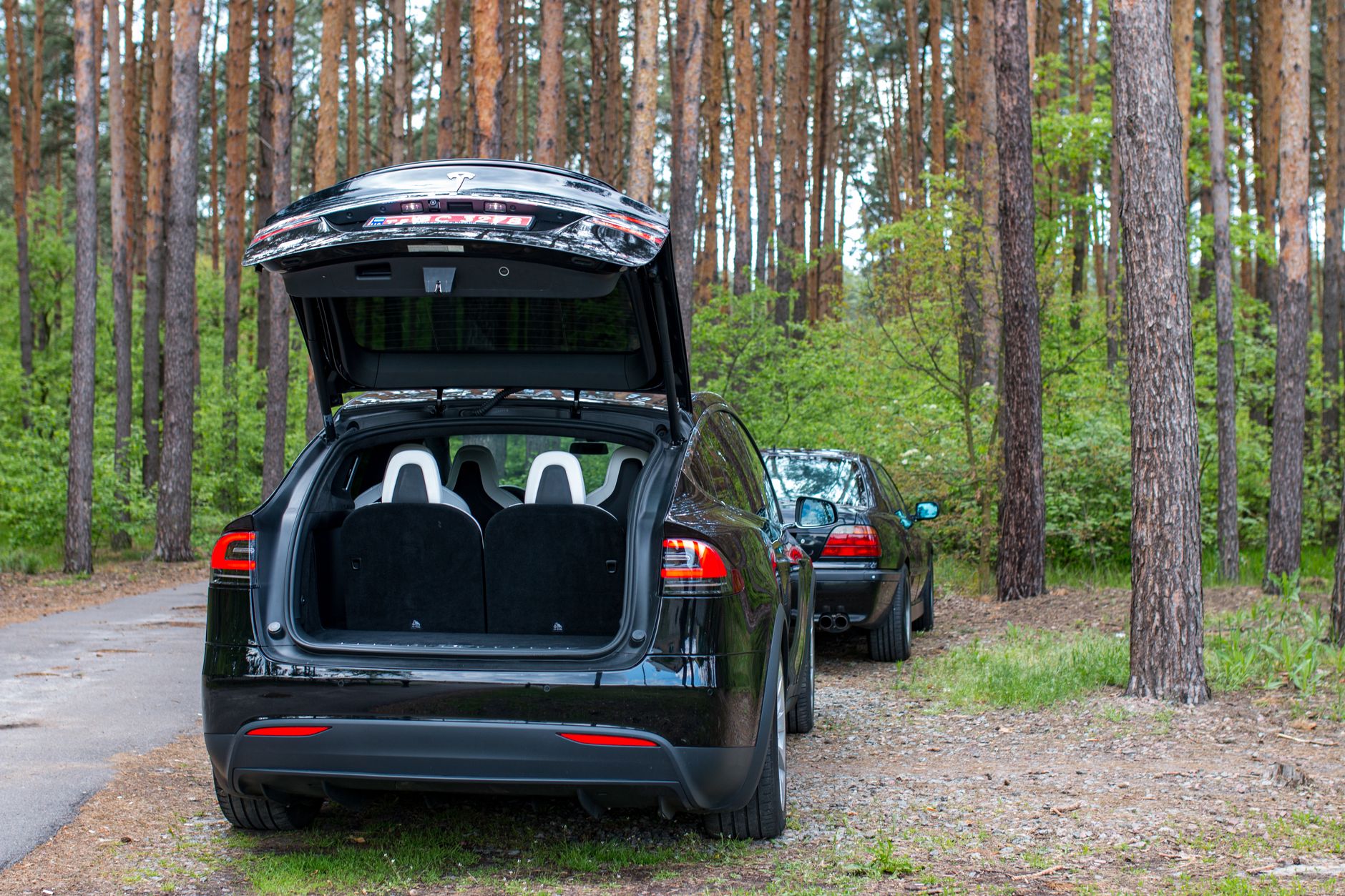 Electric SUV with trunk open in a serene forest setting, ideal for travel and exploration concepts.