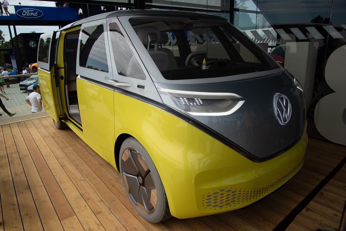 ELECTRIC CAMPERVAN VW ID BUZZ FROM THE FRONT SIDE VIEW. PHOTO TAKEN DURING THE GOODWOOD FESTIVAL OF SPEED IN 2019.