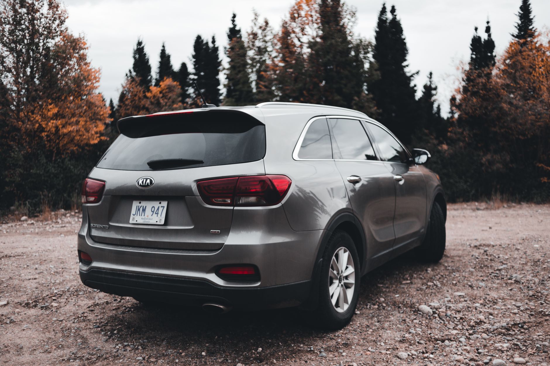 A Kia Sorento is parked on a rural dirt road surrounded by autumn foliage.