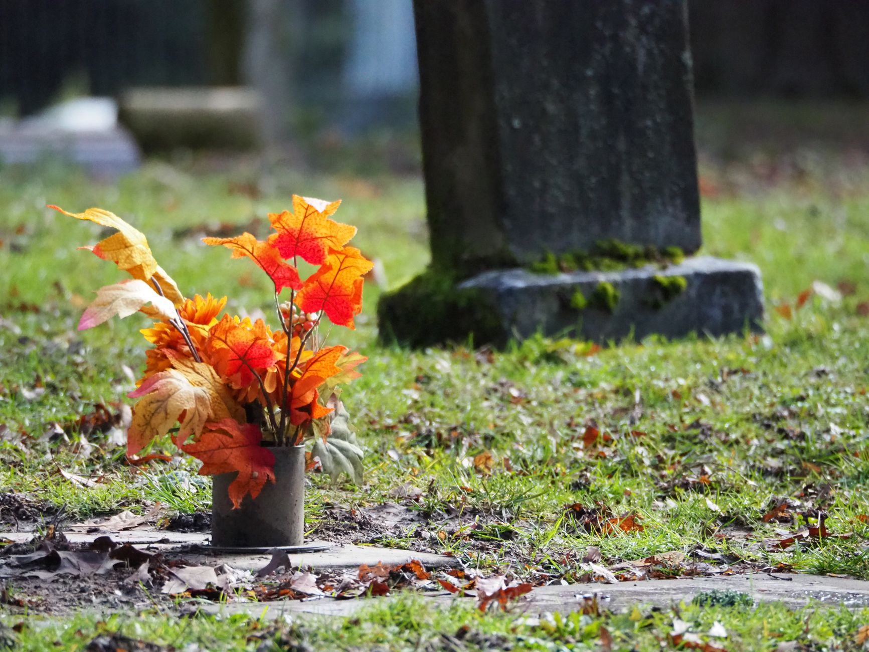Bright autumn leaves and flowers adorn a grave marker, creating a poignant scene of remembrance.